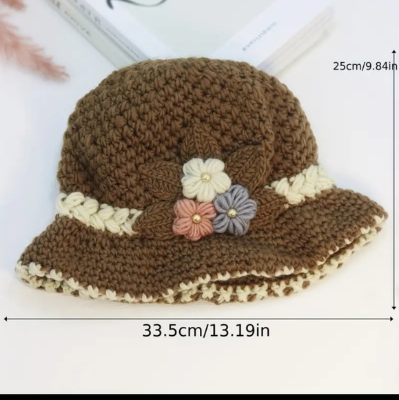 Crochet Knit 3-Flowers Cloche Hat Lined, Lightweight Warm, Purple, NEW - Picture 5 of 6
